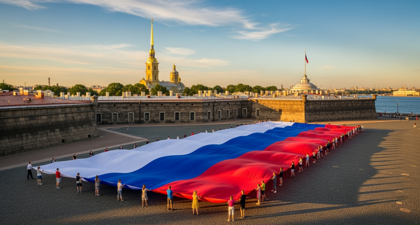 В Петропавловской крепости развернули 50-метровый триколор перед полуденным выстрелом из пушки