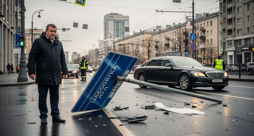 Водитель Lexus проехал на красный, снес знак и сбежал с места ДТП на Шаболовке