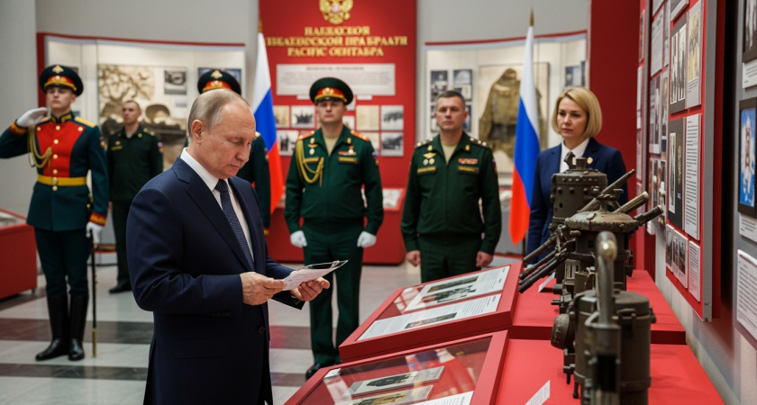 Путин стал первым посетителем музея 155-й бригады морпехов, чьё знамя показывал на пресс-конференции