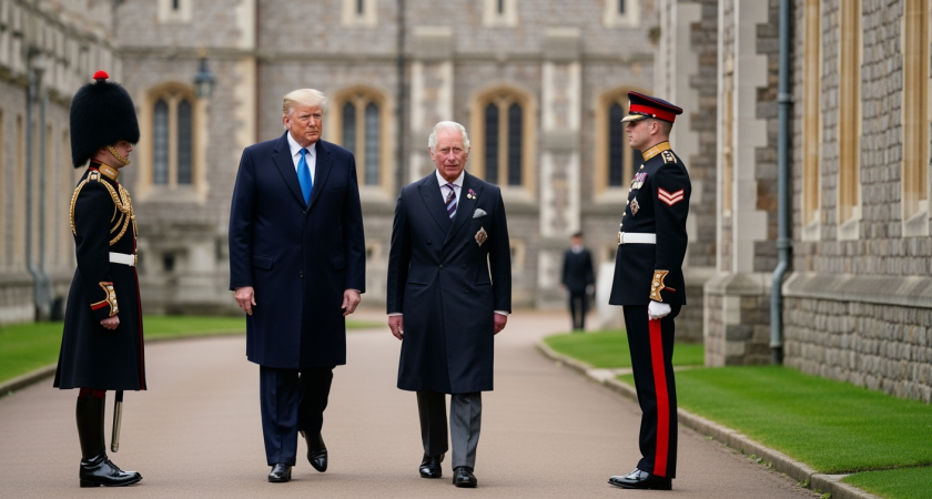 Трамп оставил короля Карла III позади, увлекшись беседой с гвардейцем в Виндзорском замке