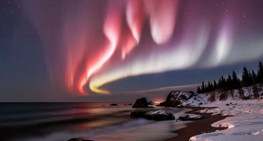 Редкое красное северное сияние озарило Петропавловск-Камчатский из-за мощнейшей магнитной бури