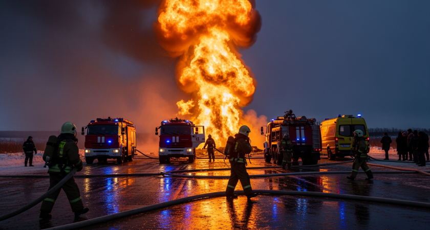 Хлопок газа и огненный столб: в Омске горит 50-миллиметровая труба возле Врубелево