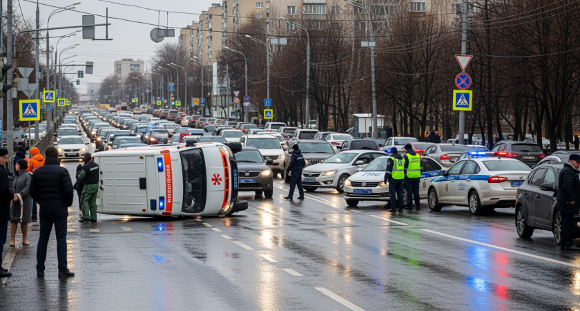 Реанимобиль перевернулся на перекрёстке Ленина — образовалась пробка