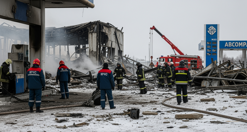 Сгоревшее здание и один пострадавший: видео с места взрыва на АЗС в Ханты-Мансийске