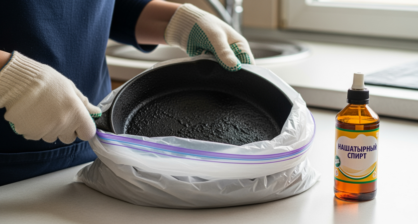 Сковороду в полиэтилен - и вот она снова как новая, нагар просто осыпается, посуда начинает блестеть, как зеркало.