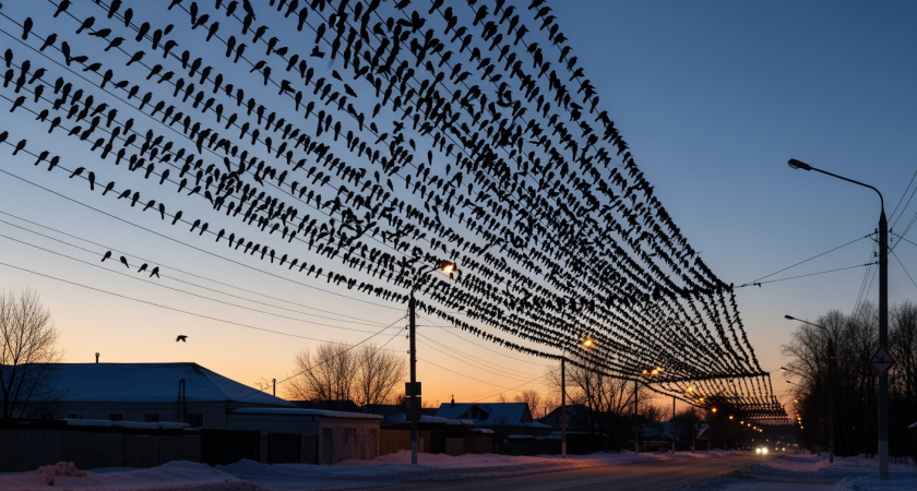 Более ста ворон превратили провода в живую гирлянду под Москвой