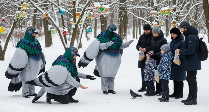 «Пернатые» ростом 2 метра: гигантские голуби из Балашихи раздали корм настоящим птицам и взорвали соцсети