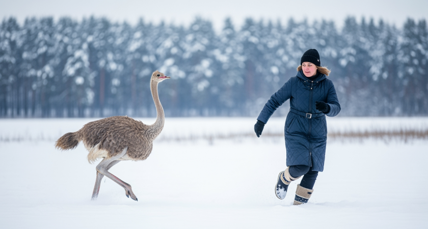 Страус-беглец устроил переполох в Ленобласти: экзотическая погоня за 2-метровой птицей