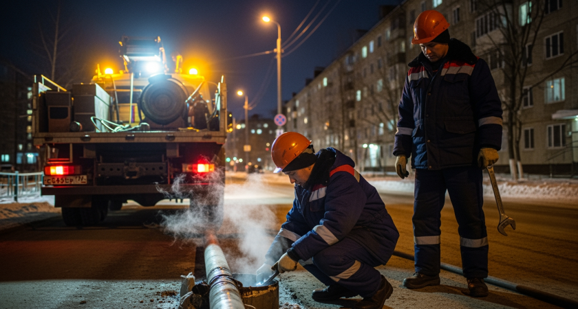 Экстренный ночной ремонт: дома трех улиц Южно-Сахалинска остались без отопления из-за прорыва теплотрассы