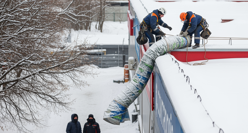 Снежный спуск по-балашихински: как пластиковый баннер и альпинисты спасли крышу гипермаркета