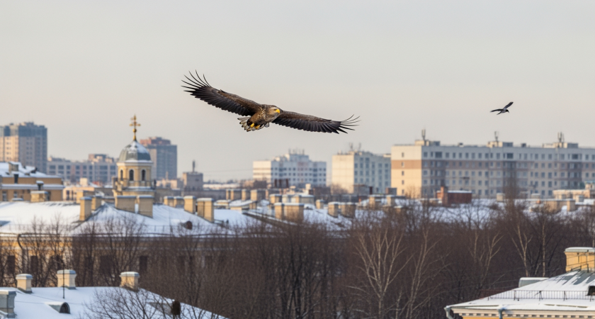 Двухметровый хищник над городом: орлан-белохвост, не улетевший на зимовку, шокировал петербуржцев