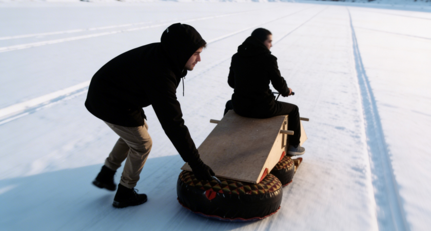 «Акула» на ватрушках: как умельцы из Краснознаменска создали зимний аттракцион, собирающий толпы зевак
