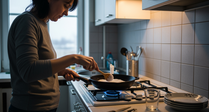 Бабушкин секрет для старой сковороды: простой трюк с обычным стаканом навсегда избавит от пригорания