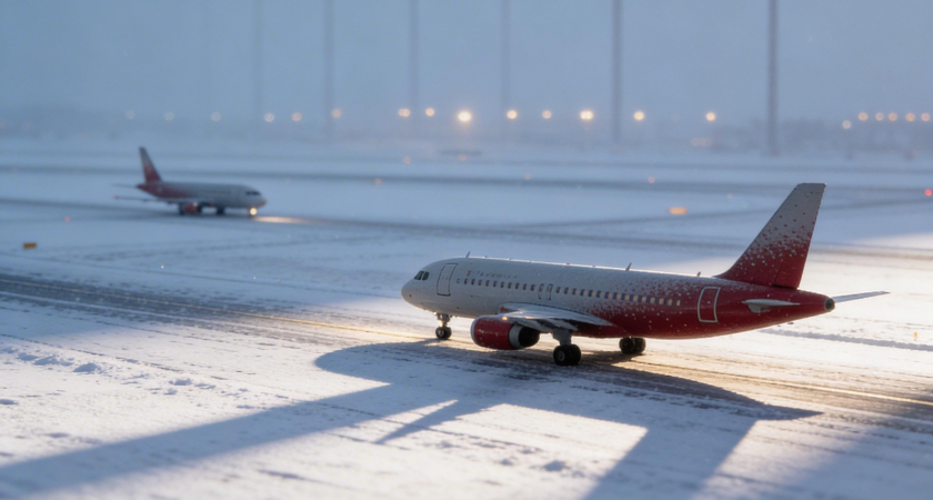 Аэробус из Екатеринбурга увяз в снегу в Пулково из-за гололеда
