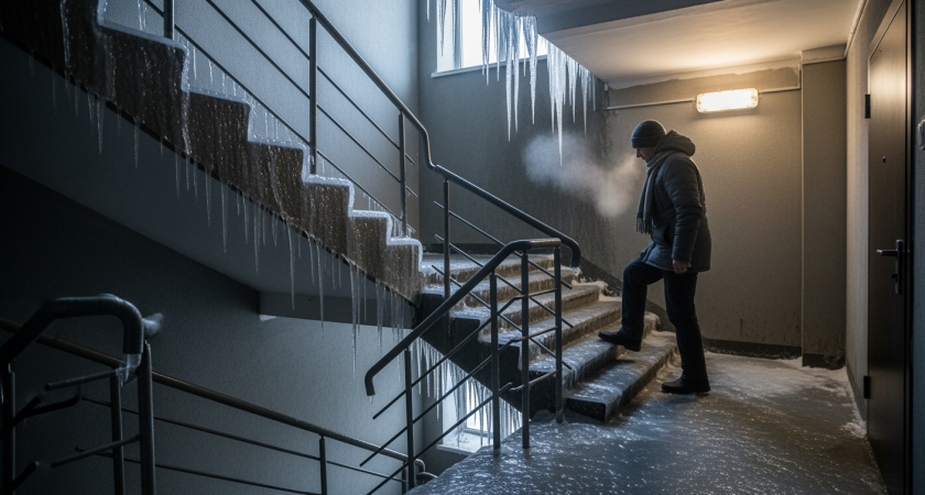 Лопнувшая труба превратила подъезд в ледяную ловушку