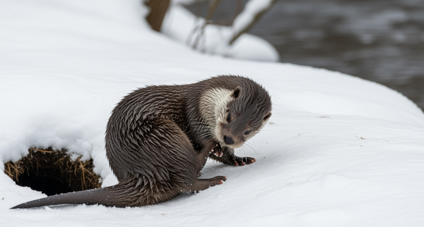 Выдра из Красной книги умывается снегом в поисках жениха