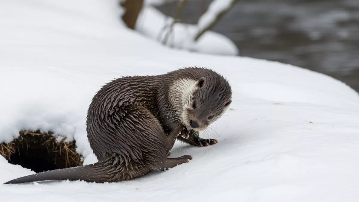 Выдра из Красной книги умывается снегом в поисках жениха