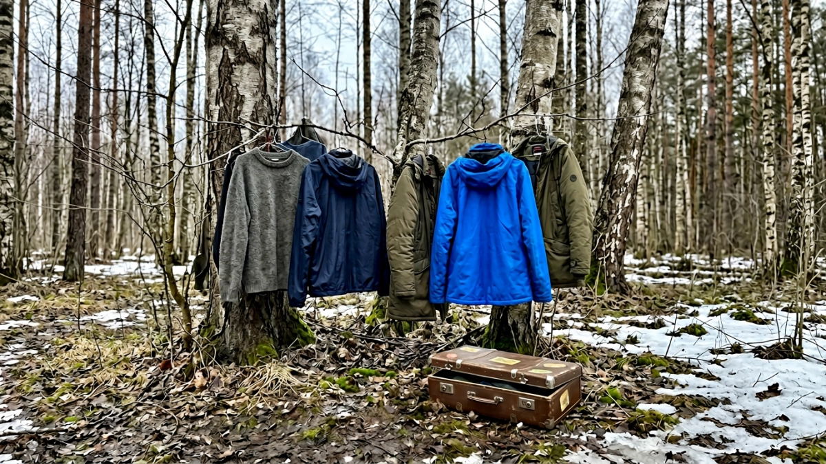 В лесу Балашихи на деревьях развесили куртки, пальто и свитеры