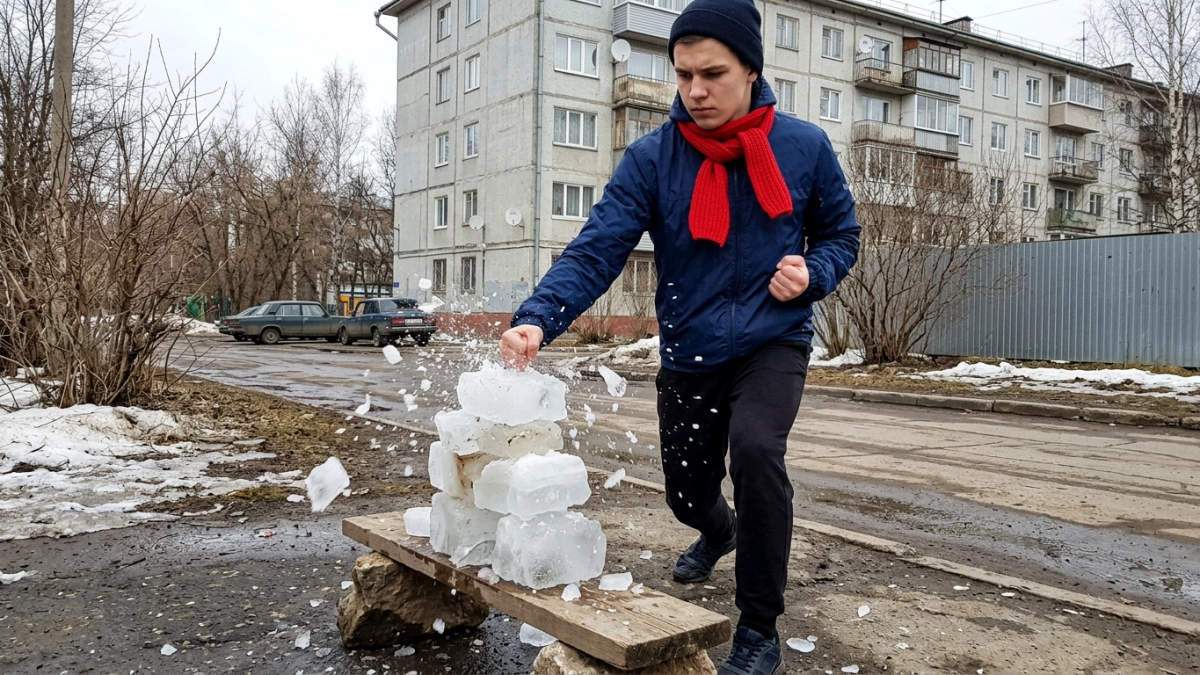 Житель Балашихи разбил куски льда голыми руками по дороге на работу