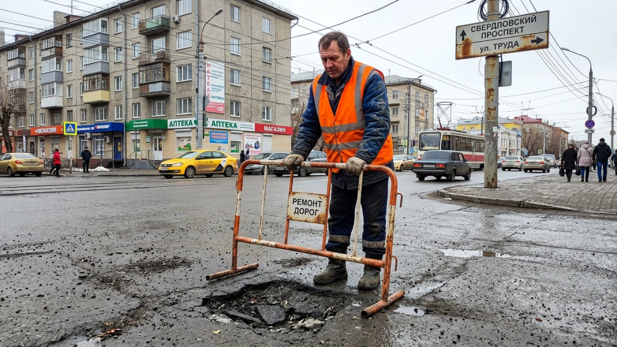В центре Челябинска провалилось дорожное полотно на пересечении улиц