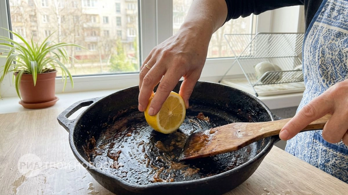 Капаю лимонный сок на сковороду — и многолетний нагар сам сползает хлопьями за считанные минуты