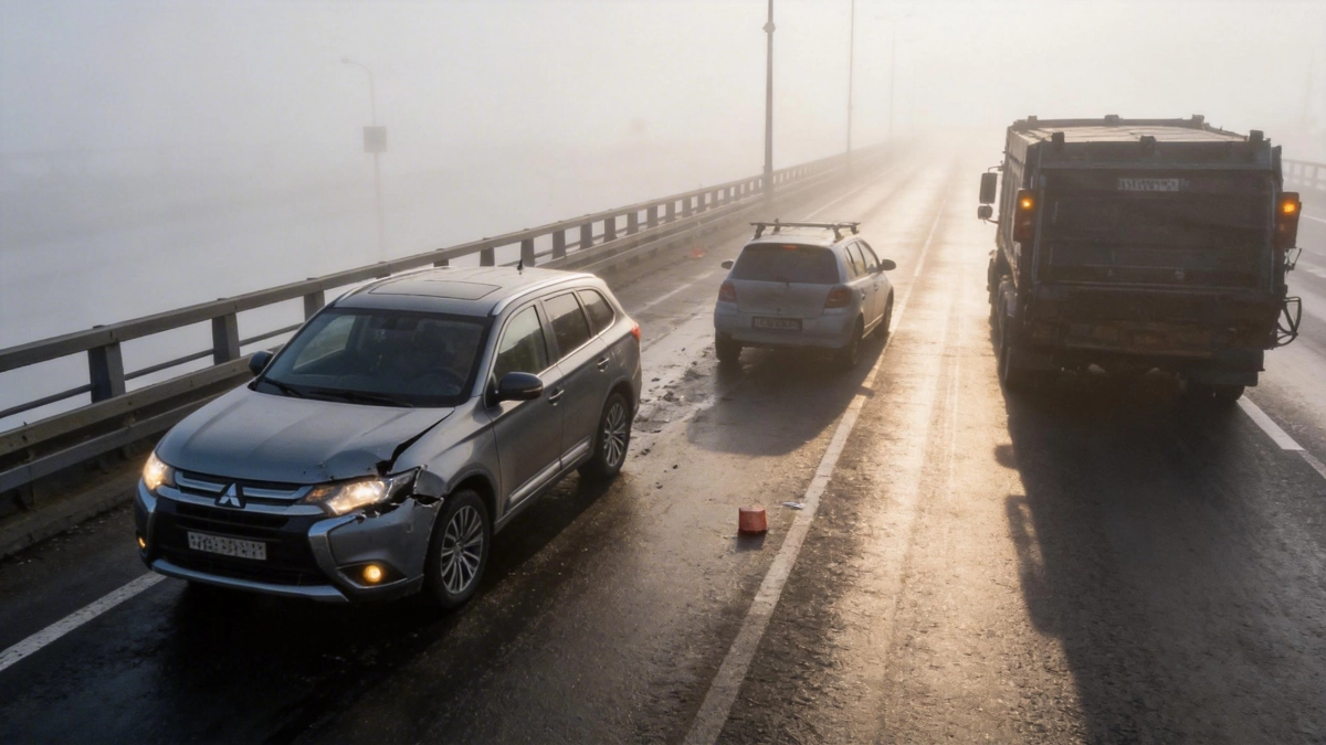 Семь ДТП за 40 минут: густой туман парализовал дамбу в Петербурге