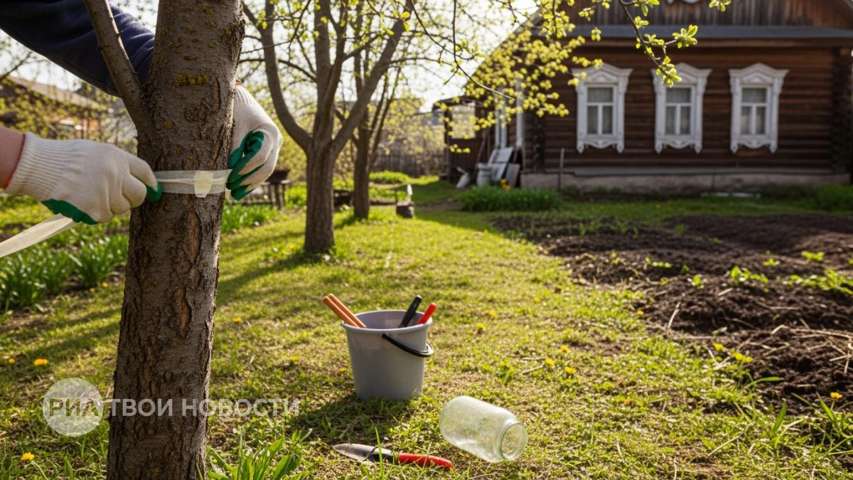 Пока снег не сошёл наматываю на яблони дешёвую ленту — тля потом весь сезон обходит сад стороной