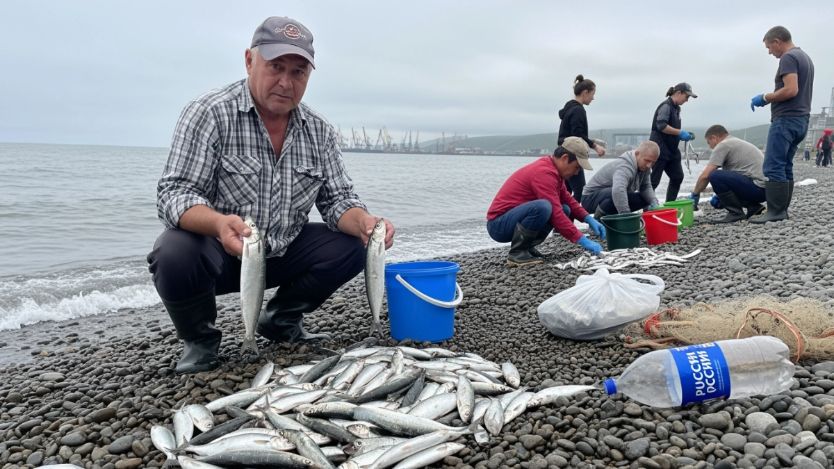 Тысячи сельдей выбросило на берег Сахалина — жители собирают рыбу руками