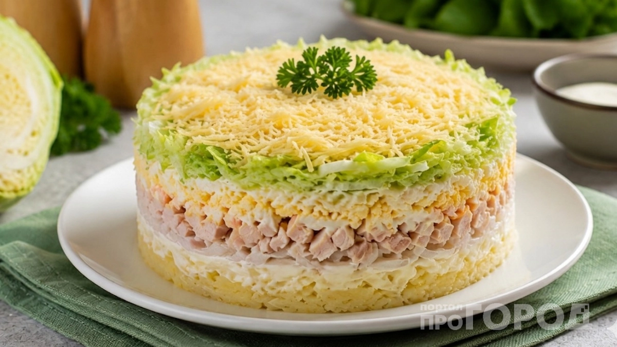 Делаю слоёный салат с молодой капустой: вкусная «Пиканта» — одновременно хрусткая, ароматная и с ноткой копчёностей