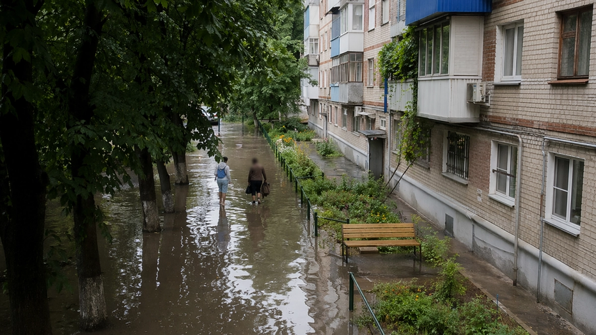 Двор в Краснодаре затопило смесью дождя и канализации после ливней