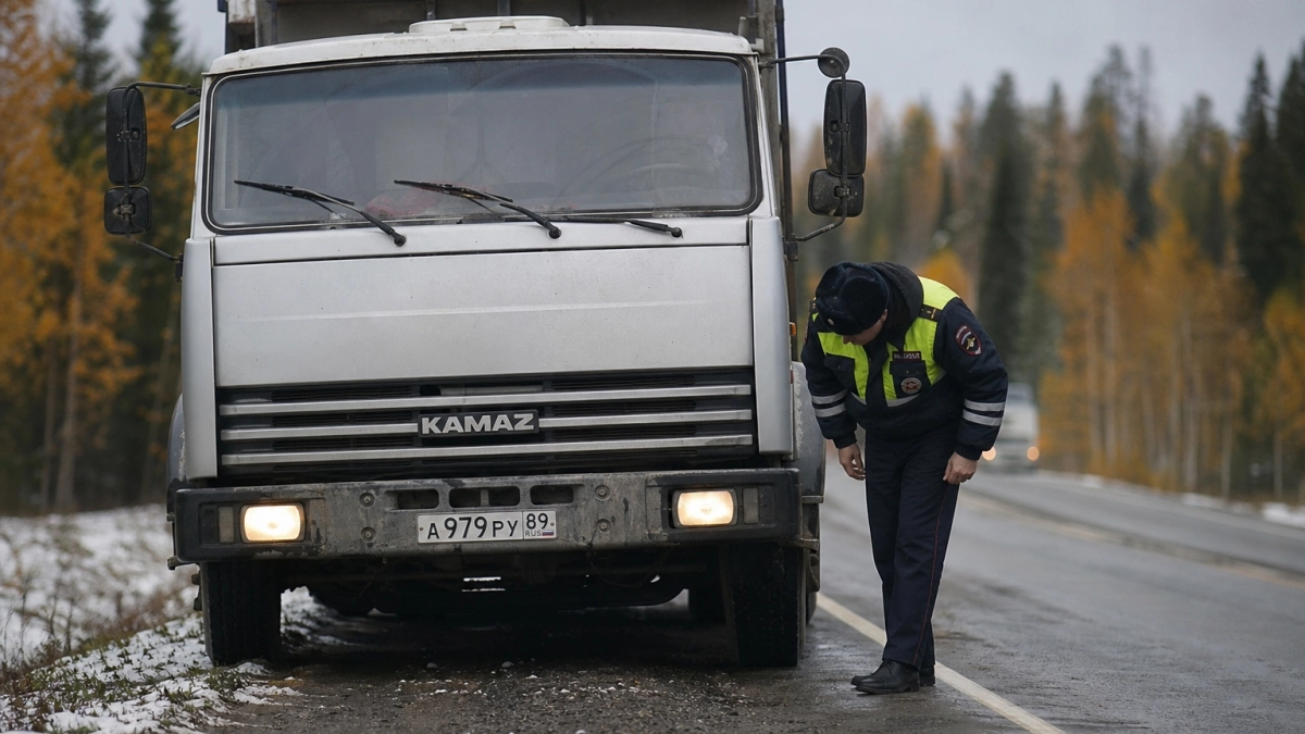 В ХМАО медведь раскачал КАМАЗ на дороге и попал на видео